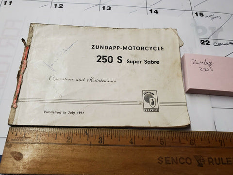 Vtg Owners manual Zundapp 250 s Super Sabre 1950's 2-stroke Motorcycle Classic