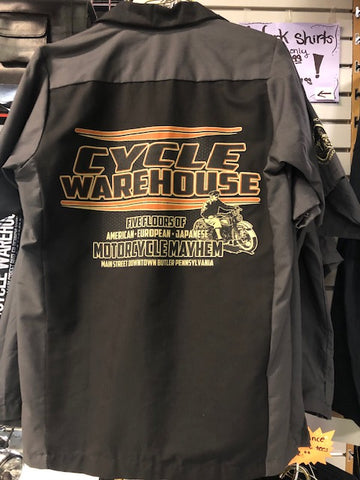 Cycle Warehouse Garage Black Grey Button Up Work Shirt