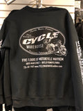 Cycle Warehouse Black Crewneck Pullover Sweatshirt with White Oval Clutch Throttle