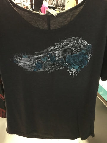 GRAY ROSES AND ANGEL WINGS TSHIRT 001250