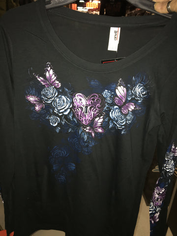 BLACK BUTTERFLY AND ROSES L/S TEE  001500
