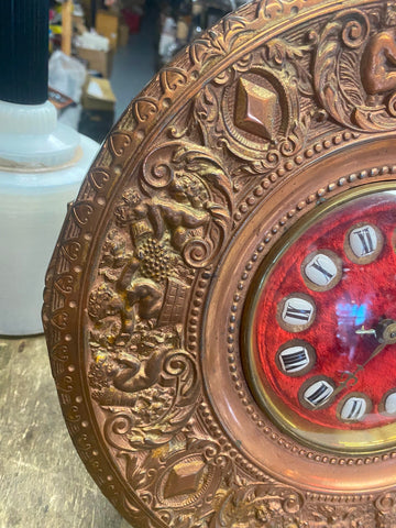 1920's Cupid Red Brass Velvet Leather Clock Antique Rare! Mantle Wind up Victori