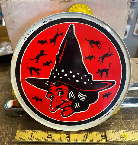 Vtg Kirchhof Halloween Noisemaker Witch Black Cat Tambourine USA 1950's Decor!