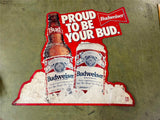 VINTAGE ANHEUSER BUSCH BUDWEISER "PROUD TO BE YOUR BUD" EMBOSSED TIN SIGN 29×29