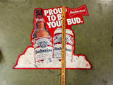 VINTAGE ANHEUSER BUSCH BUDWEISER "PROUD TO BE YOUR BUD" EMBOSSED TIN SIGN 29×29