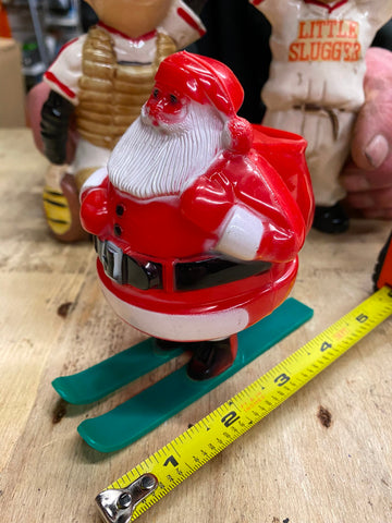 Vtg 1950s ROSBRO Santa on Skiis Hard Plastic Candy Container Toy Deco Nice!