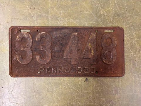 vtg antique 1920 Pennsylvania license plate 33-448 Ford Chevy Dodge