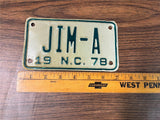 vintage 1978 North Carolina Motorcycle License plate #JIM-A