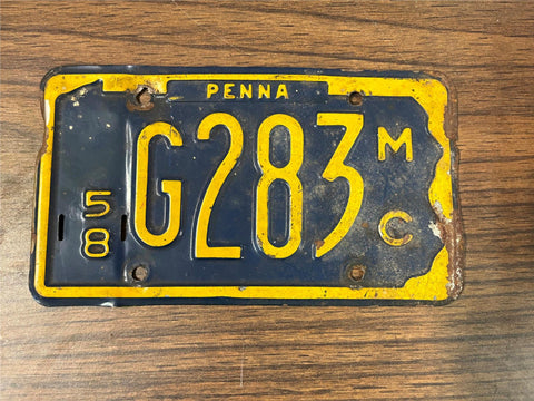vintage 1958 Pennsylvania Motorcycle License plate #G283 MC
