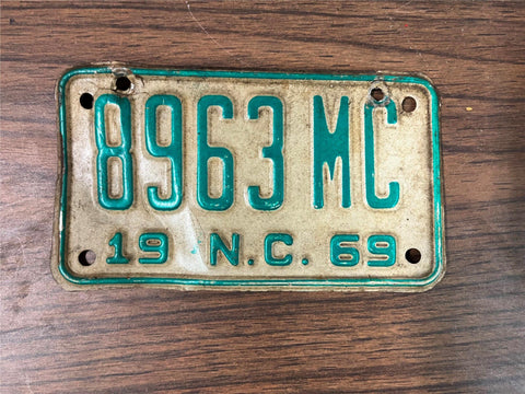 vintage 1969 North Carolina Motorcycle License plate #8963 MC
