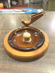 Vintage Mid-Century Italian Walnut Wood Heavy Amber Glass Pipe Holder Ashtray
