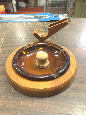 Vintage Mid-Century Italian Walnut Wood Heavy Amber Glass Pipe Holder Ashtray