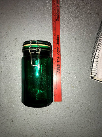 Dark Emerald Green Glass Canning Jar With Lid and Latch Has Chip in Lid