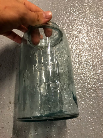 -Atlas- Mason's Patent Blue Glass 1 qt Mason Canning Jar Without Lid Has bubbles