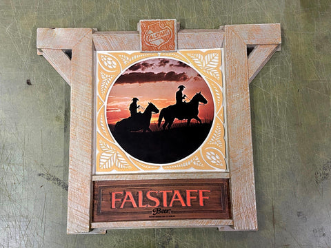 VTG Falstaff Beer Sign Cowboy Horses Western Sunset Plastic Advertisement Decor