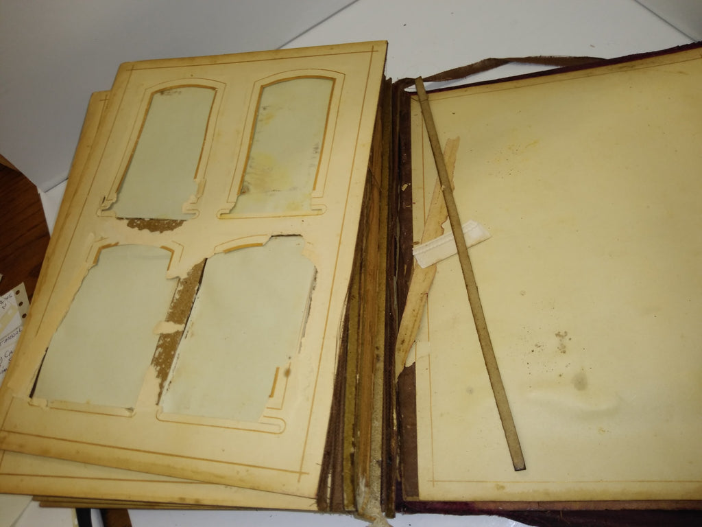 Antique victorian Celluloid photo album with photographs on stand with  drawer