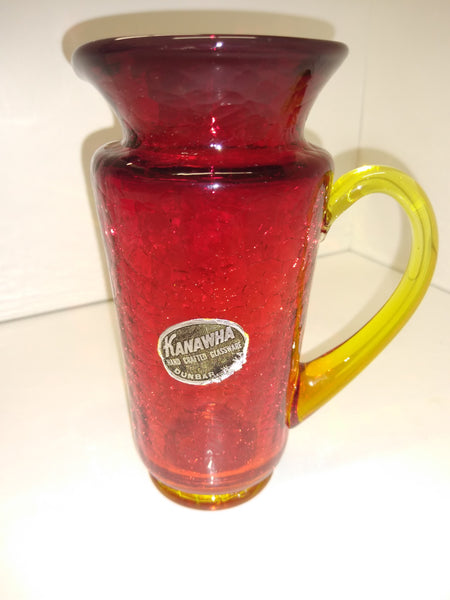 Vintage Hamon Glass Kanawha Glass Hand Blown Crackle Mini Glass Pitcher  Red/Amber 4 1/2 #1125