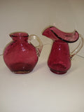 Vintage 2 Piece Cranberry Glass Pitcher Set Syrup Creamer Crackle Hand Blown!