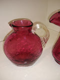 Vintage 2 Piece Cranberry Glass Pitcher Set Syrup Creamer Crackle Hand Blown!