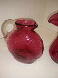 Vintage 2 Piece Cranberry Glass Pitcher Set Syrup Creamer Crackle Hand Blown!
