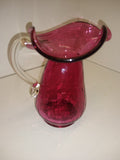 Vintage 2 Piece Cranberry Glass Pitcher Set Syrup Creamer Crackle Hand Blown!