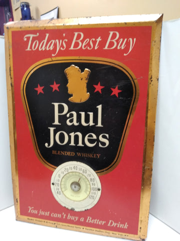 Vintage PAUL JONES Blended Whiskey Thermometer Advertising Tin Sign 9"x13" COOL!