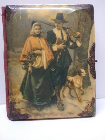 Antique Victorian Celluloid Photo Album Man and Woman Pilgrim Settler Theme