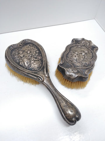 Antique Stunning Watteau Sterling 925 Vanity Brush Set Colonial Romance Repousse