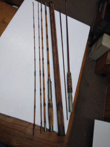 Vintage WW2 4pc Bamboo Fishing Rod Pole w/Holder Extra Tip Extra 2pc P –