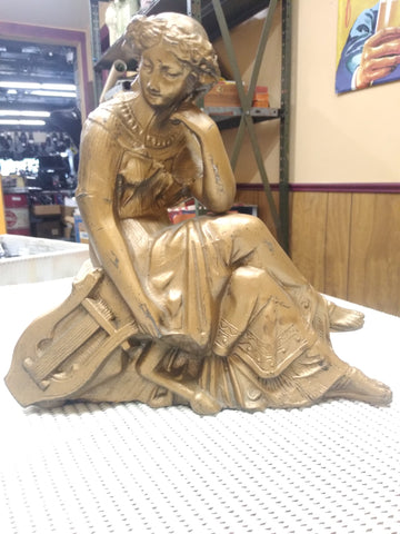 VTG Antique Estate Find Spelter Wear Greek Woman Sculpture Harp Gold Toned Metal