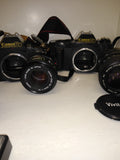 VTG Canon T70 T50 Camera Lot 50mm 1.8  Lens Vivitar 35 70mm 277T Speedlite Flash