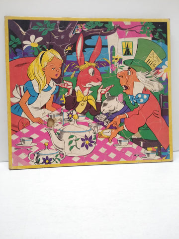VTG Jigsaw Framed Picture Puzzle Alice in Wonderland Bright Colors