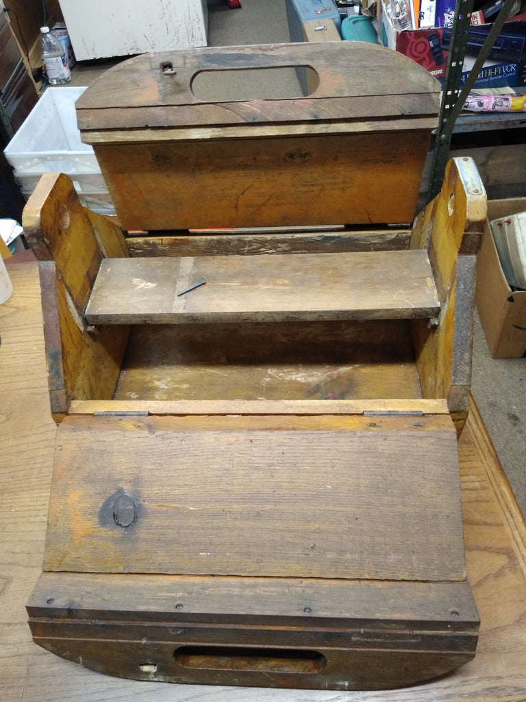 VTG Antique Unique Primitive Wooden Carpenters Tool Box Hand Made Hing –