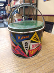 Vtg Colleges and University Banners Tin Oval Lunch Pail Bucket 2 Handles Sewing