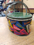 Vtg Colleges and University Banners Tin Oval Lunch Pail Bucket 2 Handles Sewing