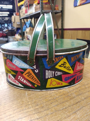 Vtg Colleges and University Banners Tin Oval Lunch Pail Bucket 2 Handles Sewing