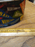 Vtg Colleges and University Banners Tin Oval Lunch Pail Bucket 2 Handles Sewing