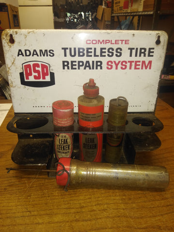 Vtg Adams PSP Tubeless Tire Repair System Kit Wall Mount Tin Advertising Sign