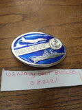 Vtg U.S. NAVY Oval Belt Buckle Blue Enameled Battleship Jet Fighter Anchor 3"W