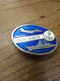 Vtg U.S. NAVY Oval Belt Buckle Blue Enameled Battleship Jet Fighter Anchor 3"W