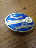 Vtg U.S. NAVY Oval Belt Buckle Blue Enameled Battleship Jet Fighter Anchor 3"W