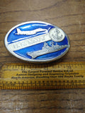 Vtg U.S. NAVY Oval Belt Buckle Blue Enameled Battleship Jet Fighter Anchor 3"W
