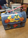 Vtg Aladdin Puppy Dog Flower Power Hippie Denim Jean Metal Lunch Box Dome Lid