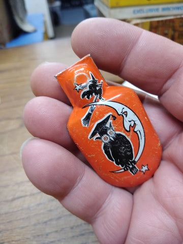 Vtg Halloween Tin Clicker Clacker Noise Maker Trick Or Treat Witch Moon Orange