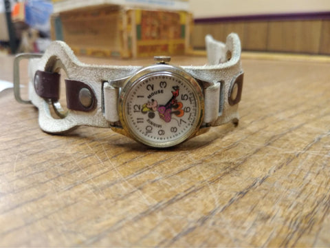Vtg Minnie Mouse Wind Up Wrist Watch Walt Disney Swiss White Leather Strap Works