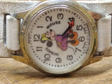 Vtg Minnie Mouse Wind Up Wrist Watch Walt Disney Swiss White Leather Strap Works