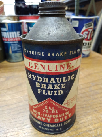 Vtg Cone Top Genuine Hydraulic Heavy Duty Brake Fluid Can 12 Ounce Metal Empty