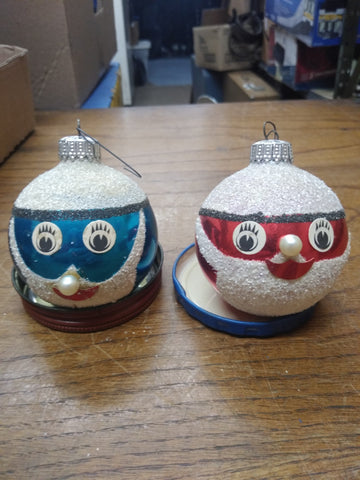 Vtg 2 Piece Lot Decorative Mercury Glass Blue and Red Faces Christmas Ornaments