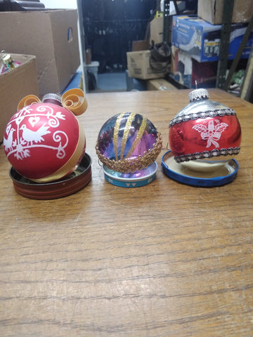 Vtg 3 Pc Mercury Stenciled Tinted Glass Lot Colorful Christmas Holiday Ornaments