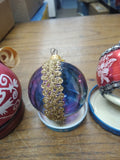 Vtg 3 Pc Mercury Stenciled Tinted Glass Lot Colorful Christmas Holiday Ornaments